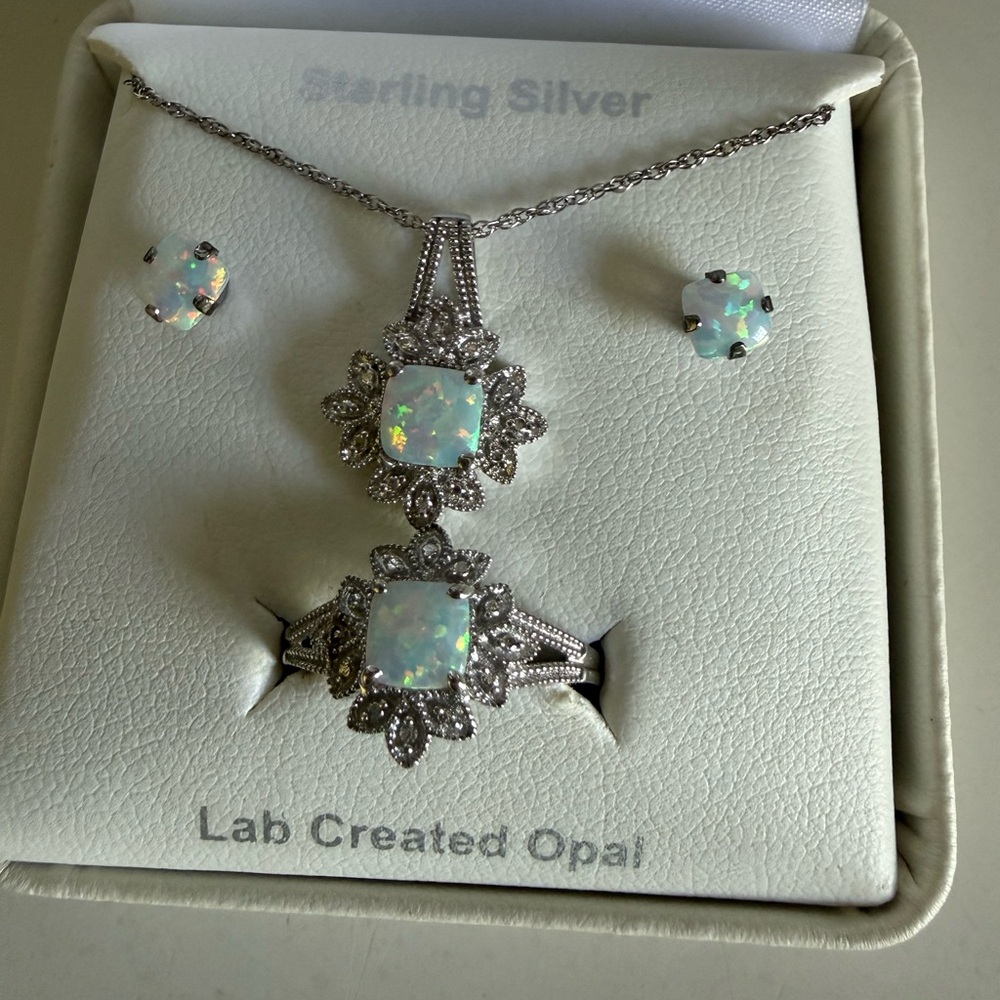 Sterling Silver Lab Created Opal Set - Picture 2 of 2